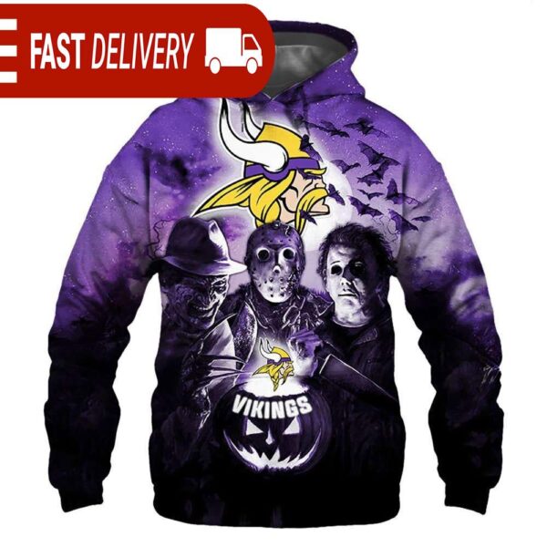 Minnesota Vikings Horror Night Freddy Jason Michael Myers Hoodie Halloween NFL Gifts - available at - rugbyfanstore.com