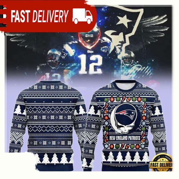 New England Patriots Grateful Dead Blue Christmas Ugly Sweater - available at - rugbyfanstore.com