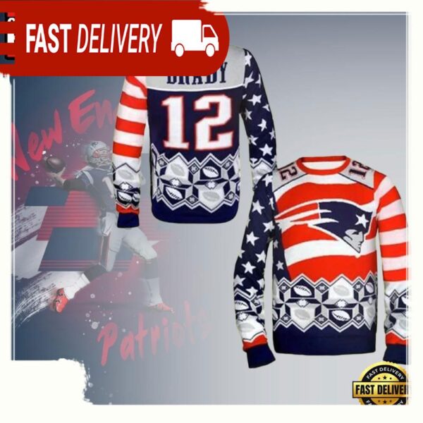 New England Patriots NFL Funny Brady 12 Ugly Christmas Sweater - available at - rugbyfanstore.com