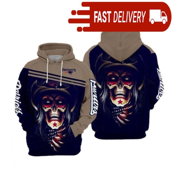 New England Patriots Skull Black 3D NFL Hoodie Gifts for Fans - available at - rugbyfanstore.com