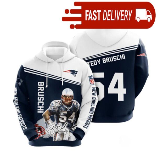 New England Patriots Tedy Bruschi 54 NFL Hoodie Gifts for Fans - available at - rugbyfanstore.com