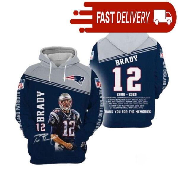 New England Patriots Tom Brady Number 12 NFL Hoodie Gifts for Fans - available at - rugbyfanstore.com