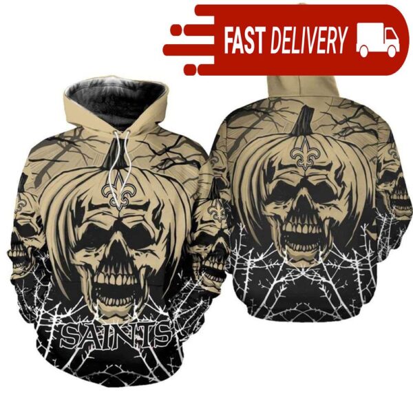 New Orleans Saints Pumpkin Skull 3D Halloween Hoodie Best NFL Gifts for Fans - available at - rugbyfanstore.com