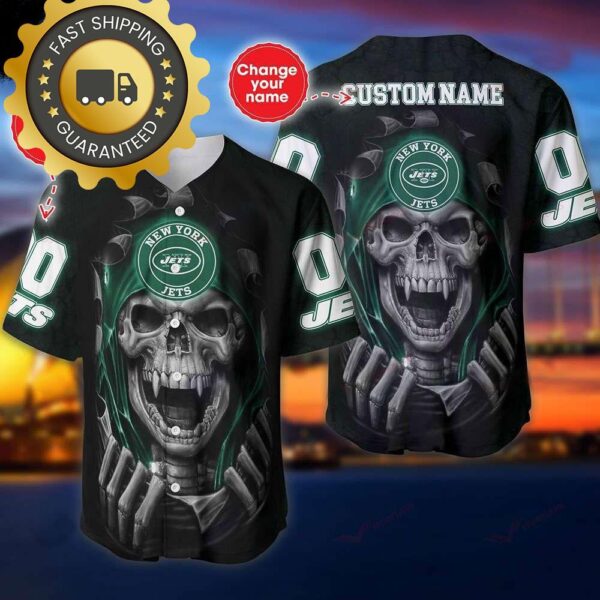 New York Jets Custom NFL Jersey Skull Personalized Baseball Jersey - available at - rugbyfanstore.com