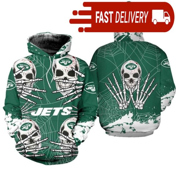 New York Jets Skull 3D Hoodie for Halloween Best NFL Gifts for Fans - available at - rugbyfanstore.com