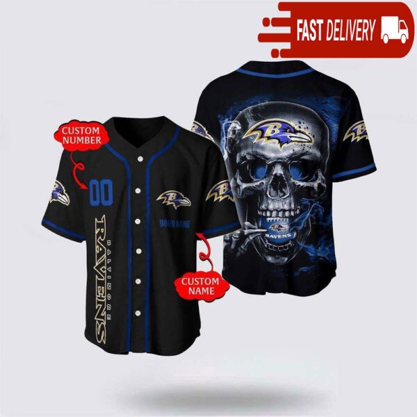 NFL Baltimore Ravens Baseball Jersey 3D Personalized Skull Shirt for Your Football Team - available at - rugbyfanstore.com