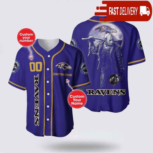 NFL Baltimore Ravens Jason Voorhees Custom Name Baseball Jersey 3D Horror Shirt - available at - rugbyfanstore.com