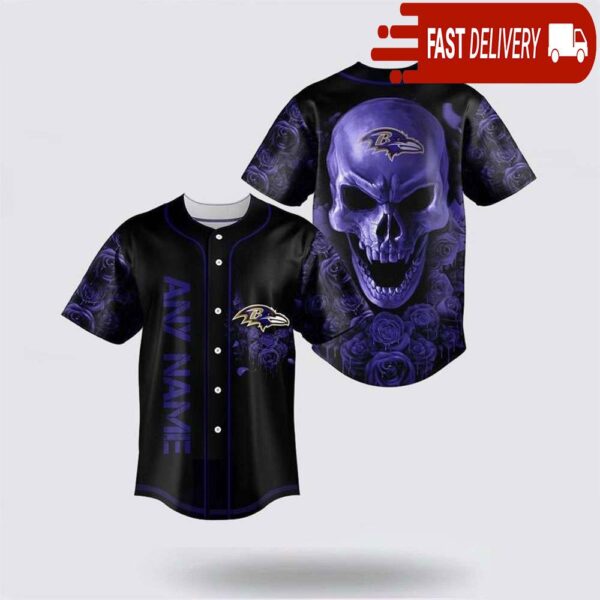 NFL Baltimore Ravens Skull Flower 3D Baseball Jersey Football Gift - available at - rugbyfanstore.com