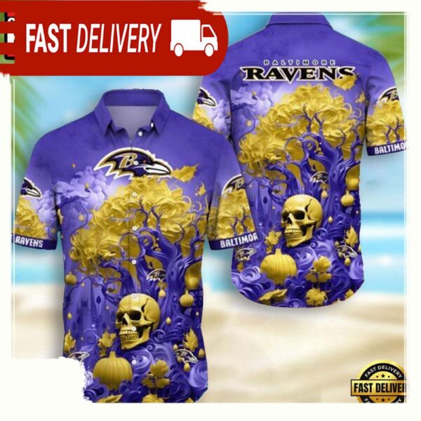 NFL Baltimore Ravens Skull Pumpkin Hawaiian Shirt For Men Women - available at - rugbyfanstore.com