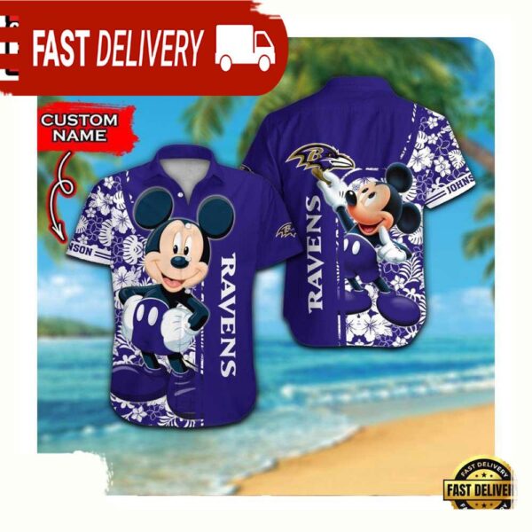 NFL Baltimore Ravens x Mickey Mouse Custom Name Summer Hawaii Shirt For Men Women - available at - rugbyfanstore.com