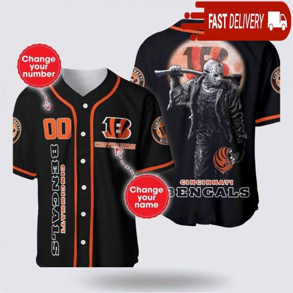 NFL Cincinnati Bengals Jason Voorhees Custom Name Baseball Jersey 3D Horror Shirt - available at - rugbyfanstore.com