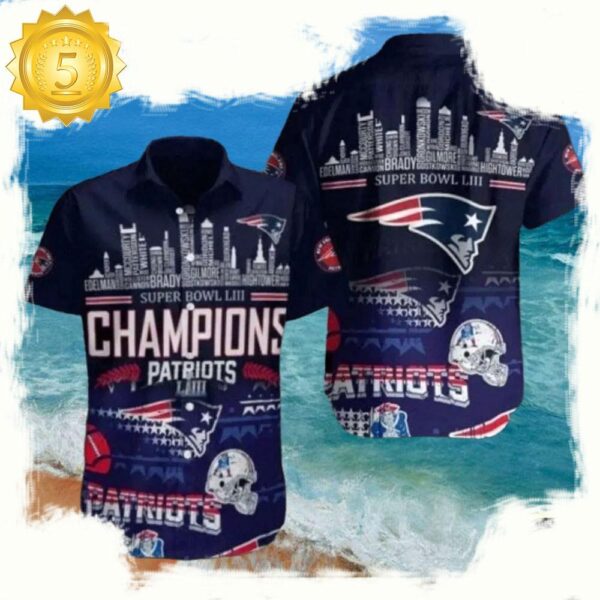 NFL City Of Champions New England Patriots Skyline And Super Bowl Accents Hawaiian Shirt - available at - rugbyfanstore.com