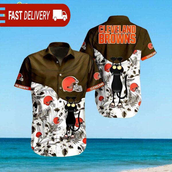 NFL Cleveland Browns Black Cat Hibiscus Hawaiian Shirt - available at - rugbyfanstore.com