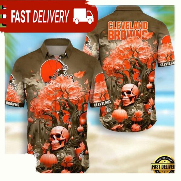 NFL Cleveland Browns Skull Pumpkin Hawaiian Shirt For Men Women - available at - rugbyfanstore.com