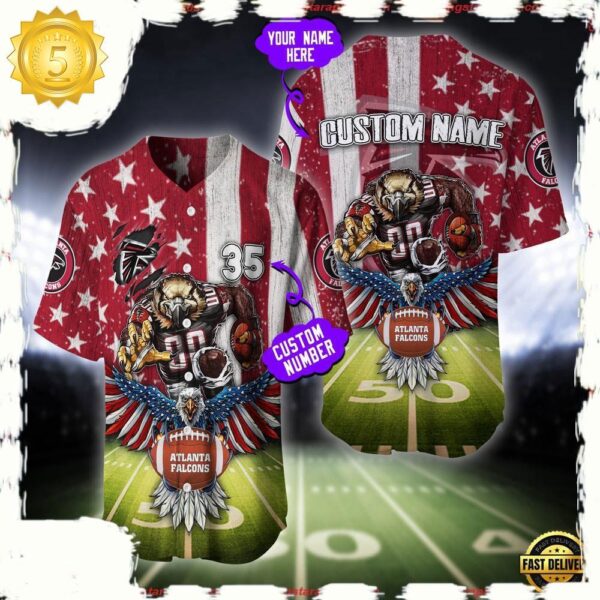 NFL Custom Name And Number Atlanta Falcons Mascot US Flag Baseball Jersey Shirt - available at - rugbyfanstore.com