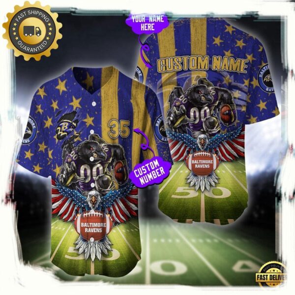 NFL Custom Name And Number Baltimore Ravens Mascot US Flag Baseball Jersey Shirt - available at - rugbyfanstore.com