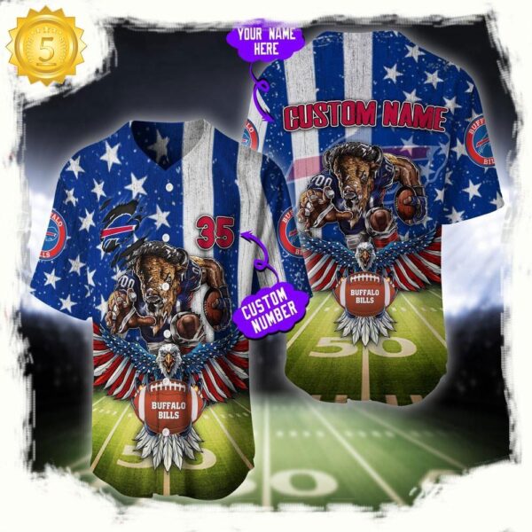 NFL Custom Name And Number Buffalo Bills Mascot US Flag Baseball Jersey Shirt - available at - rugbyfanstore.com