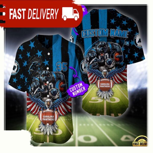 NFL Custom Name And Number Carolina Panthers Mascot US Flag Baseball Jersey Shirt - available at - rugbyfanstore.com