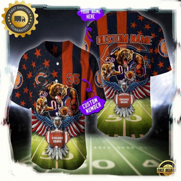 NFL Custom Name And Number Chicago Bears Mascot US Flag Baseball Jersey Shirt - available at - rugbyfanstore.com