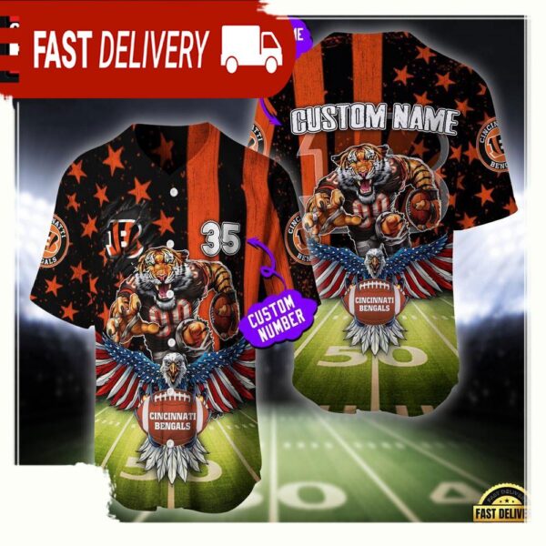 NFL Custom Name And Number Cincinnati Bengals Mascot US Flag Baseball Jersey Shirt - available at - rugbyfanstore.com