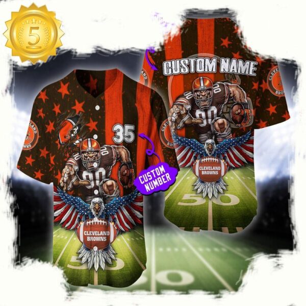 NFL Custom Name And Number Cleveland Browns Mascot US Flag Baseball Jersey Shirt - available at - rugbyfanstore.com