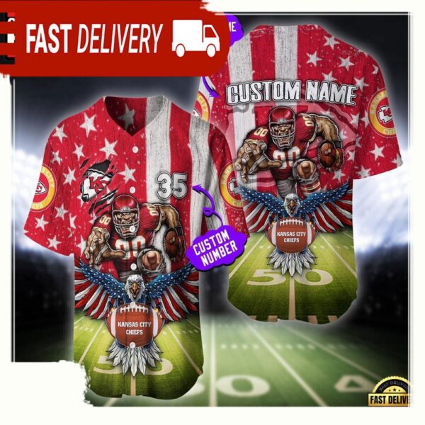 NFL Custom Name And Number Kansas City Chiefs Mascot US Flag Baseball Jersey Shirt - available at - rugbyfanstore.com