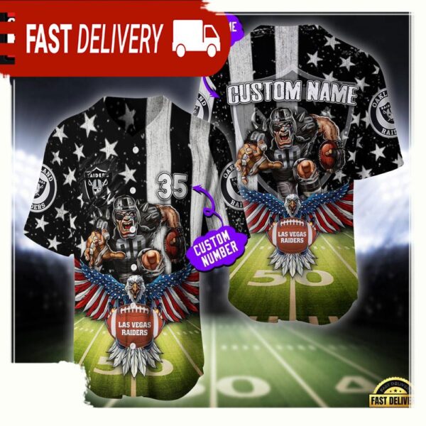 NFL Custom Name And Number Las Vegas Raiders Mascot US Flag Baseball Jersey Shirt - available at - rugbyfanstore.com