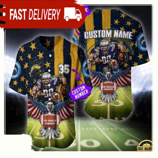 NFL Custom Name And Number Los Angeles Chargers Mascot US Flag Baseball Jersey Shirt - available at - rugbyfanstore.com