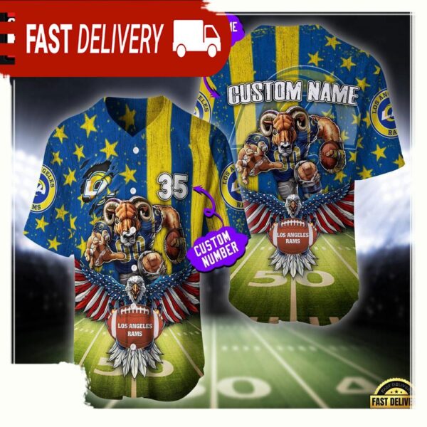 NFL Custom Name And Number Los Angeles Rams Mascot US Flag Baseball Jersey Shirt - available at - rugbyfanstore.com