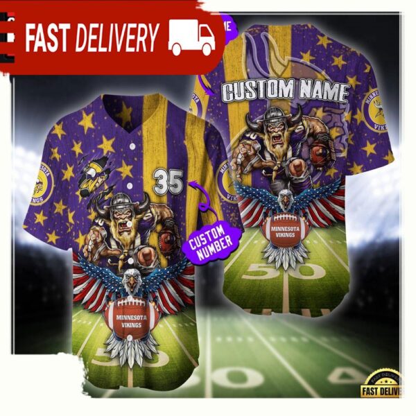 NFL Custom Name And Number Minnesota Vikings Mascot US Flag Baseball Jersey Shirt - available at - rugbyfanstore.com