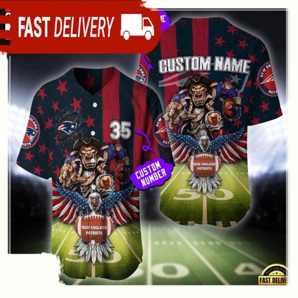 NFL Custom Name And Number New England Patriots Mascot US Flag Baseball Jersey Shirt - available at - rugbyfanstore.com