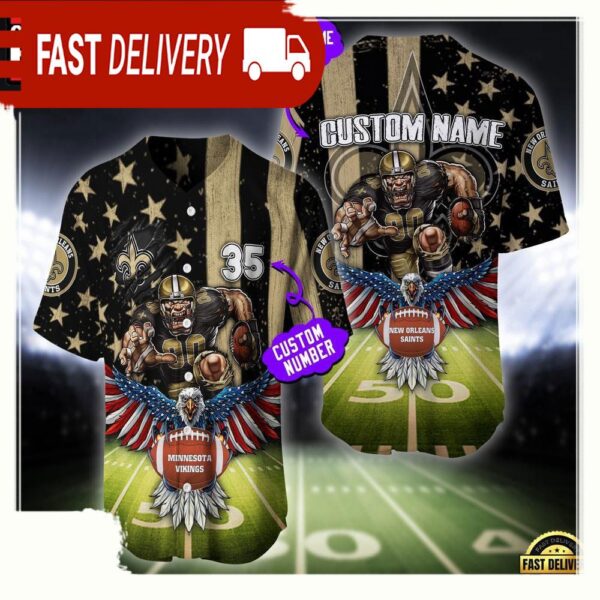 NFL Custom Name And Number New Orleans Saints Mascot US Flag Baseball Jersey Shirt - available at - rugbyfanstore.com