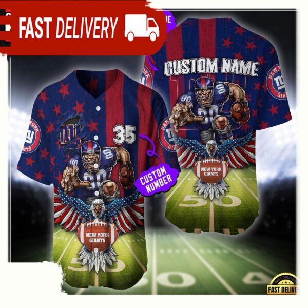 NFL Custom Name And Number New York Giants Mascot US Flag Baseball Jersey Shirt - available at - rugbyfanstore.com