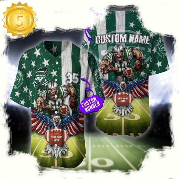 NFL Custom Name And Number New York Jets Mascot US Flag Baseball Jersey Shirt - available at - rugbyfanstore.com