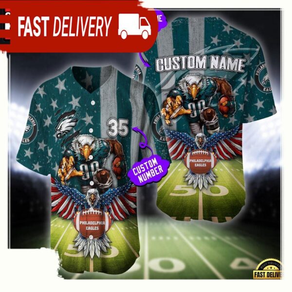 NFL Custom Name And Number Philadelphia Eagles Mascot US Flag Baseball Jersey Shirt - available at - rugbyfanstore.com