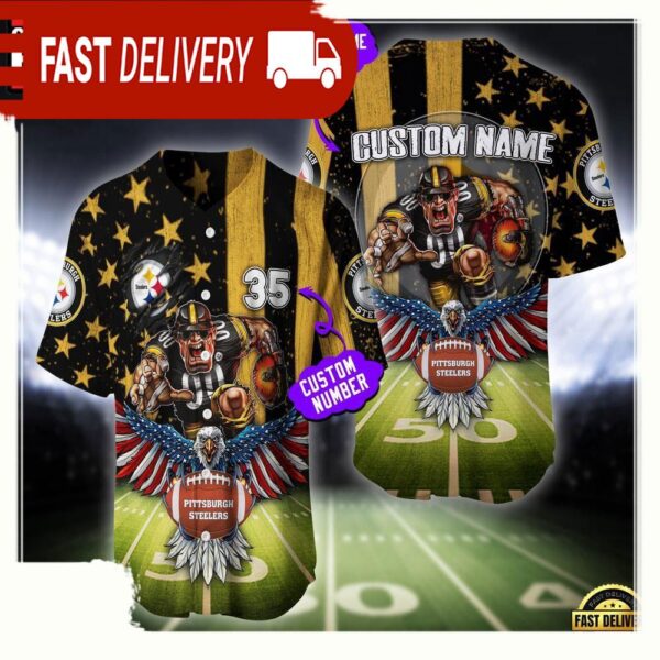 NFL Custom Name And Number Pittsburgh Steelers Mascot US Flag Baseball Jersey Shirt - available at - rugbyfanstore.com