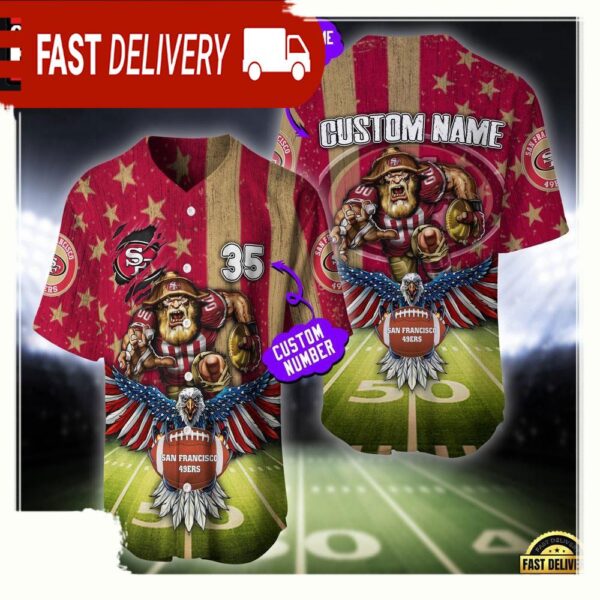 NFL Custom Name And Number San Francisco 49ers Mascot US Flag Baseball Jersey Shirt - available at - rugbyfanstore.com