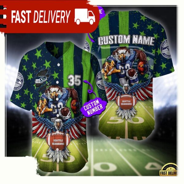 NFL Custom Name And Number Seattle Seahawks Mascot US Flag Baseball Jersey Shirt - available at - rugbyfanstore.com