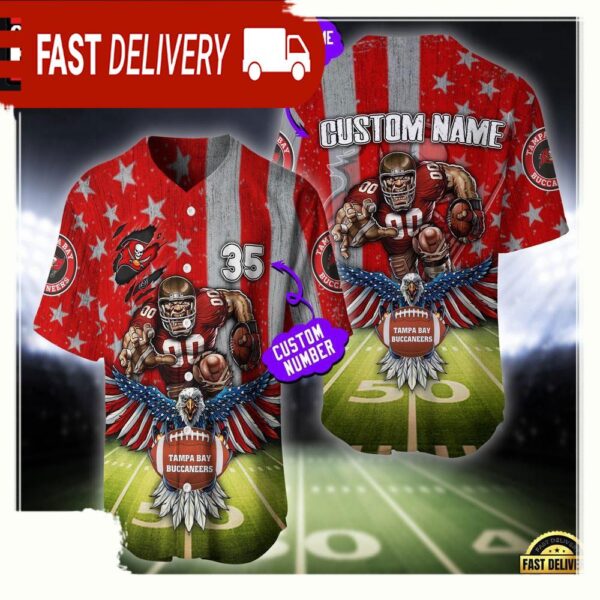 NFL Custom Name And Number Tampa Bay Buccaneers Mascot US Flag Baseball Jersey Shirt - available at - rugbyfanstore.com