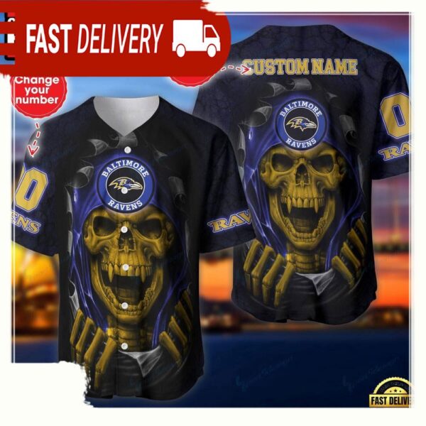 NFL Custom Name And Number Team Baltimore Ravens Skull Pattern Baseball Jersey Shirt - available at - rugbyfanstore.com