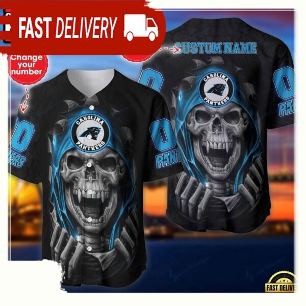 NFL Custom Name And Number Team Carolina Panthers Skull Pattern Baseball Jersey Shirt - available at - rugbyfanstore.com