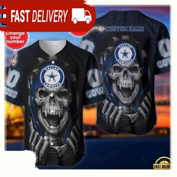 NFL Custom Name And Number Team Dallas Cowboys Skull Pattern Baseball Jersey Shirt - available at - rugbyfanstore.com