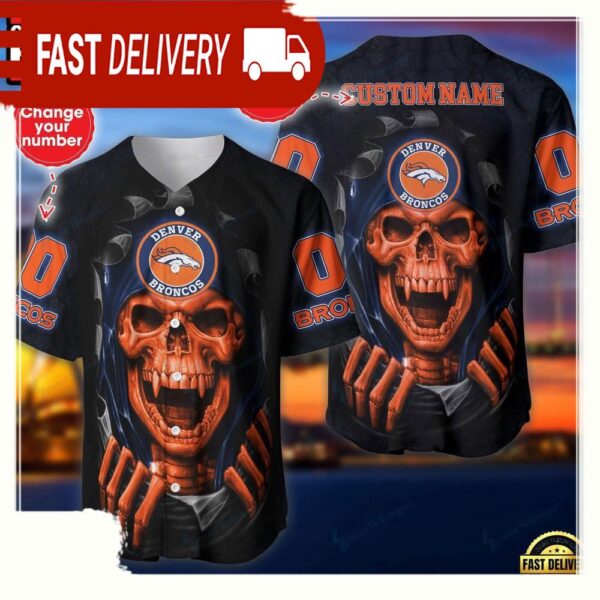 NFL Custom Name And Number Team Denver Broncos Skull Pattern Baseball Jersey Shirt - available at - rugbyfanstore.com