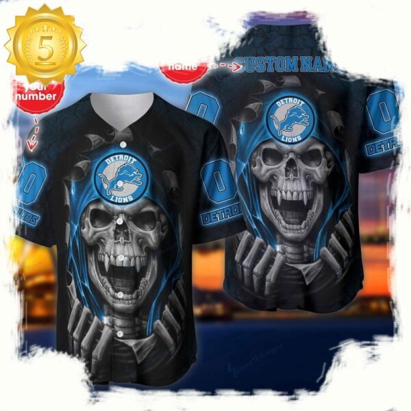 NFL Custom Name And Number Team Detroit Lions Skull Pattern Baseball Jersey Shirt - available at - rugbyfanstore.com