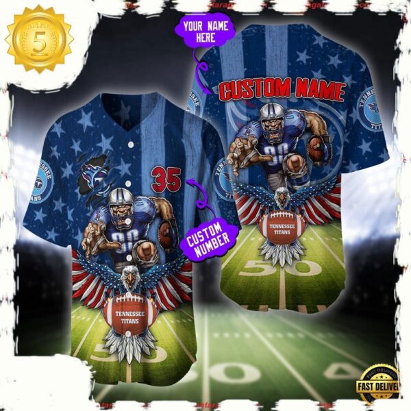 NFL Custom Name And Number Tennessee Titans Mascot US Flag Baseball Jersey Shirt - available at - rugbyfanstore.com