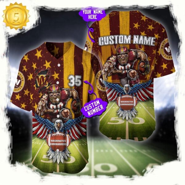 NFL Custom Name And Number Washington Commanders Mascot US Flag Baseball Jersey Shirt - available at - rugbyfanstore.com