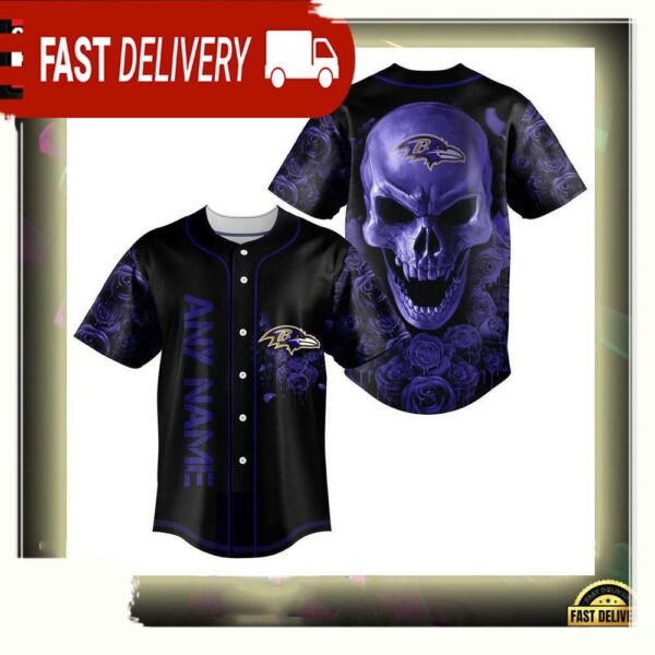 NFL Custom Name Baltimore Ravens Football Skull Baseball Jersey Shirt - available at - rugbyfanstore.com