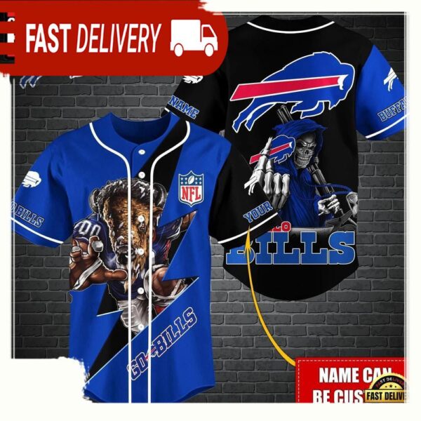 NFL Custom Name Buffalo Bills Mascot And Skull New Design Baseball Jersey - available at - rugbyfanstore.com