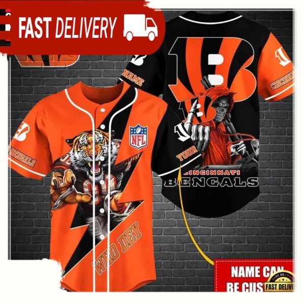 NFL Custom Name Cincinnati Bengals Mascot And Skull New Design Baseball Jersey - available at - rugbyfanstore.com