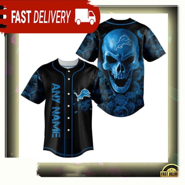 NFL Custom Name Detroit Lions Football Skull Baseball Jersey Shirt - available at - rugbyfanstore.com